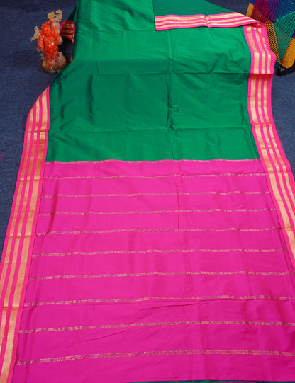 9.5 Yards Semi Silk Saree Green with Contrast Pink Traditional Border