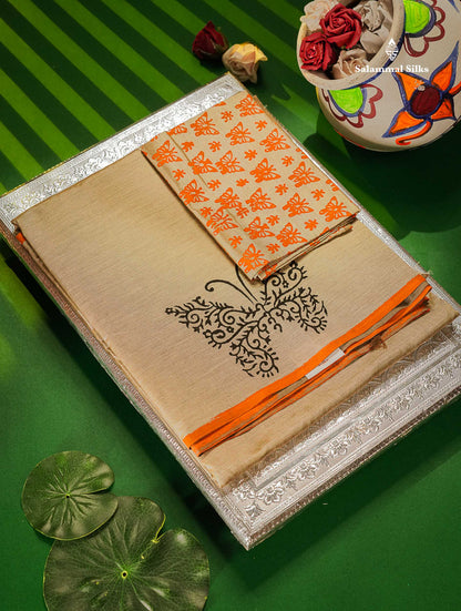 South Cotton Saree - Cream Sandal Printed Saree With Contrast Orange Blouse