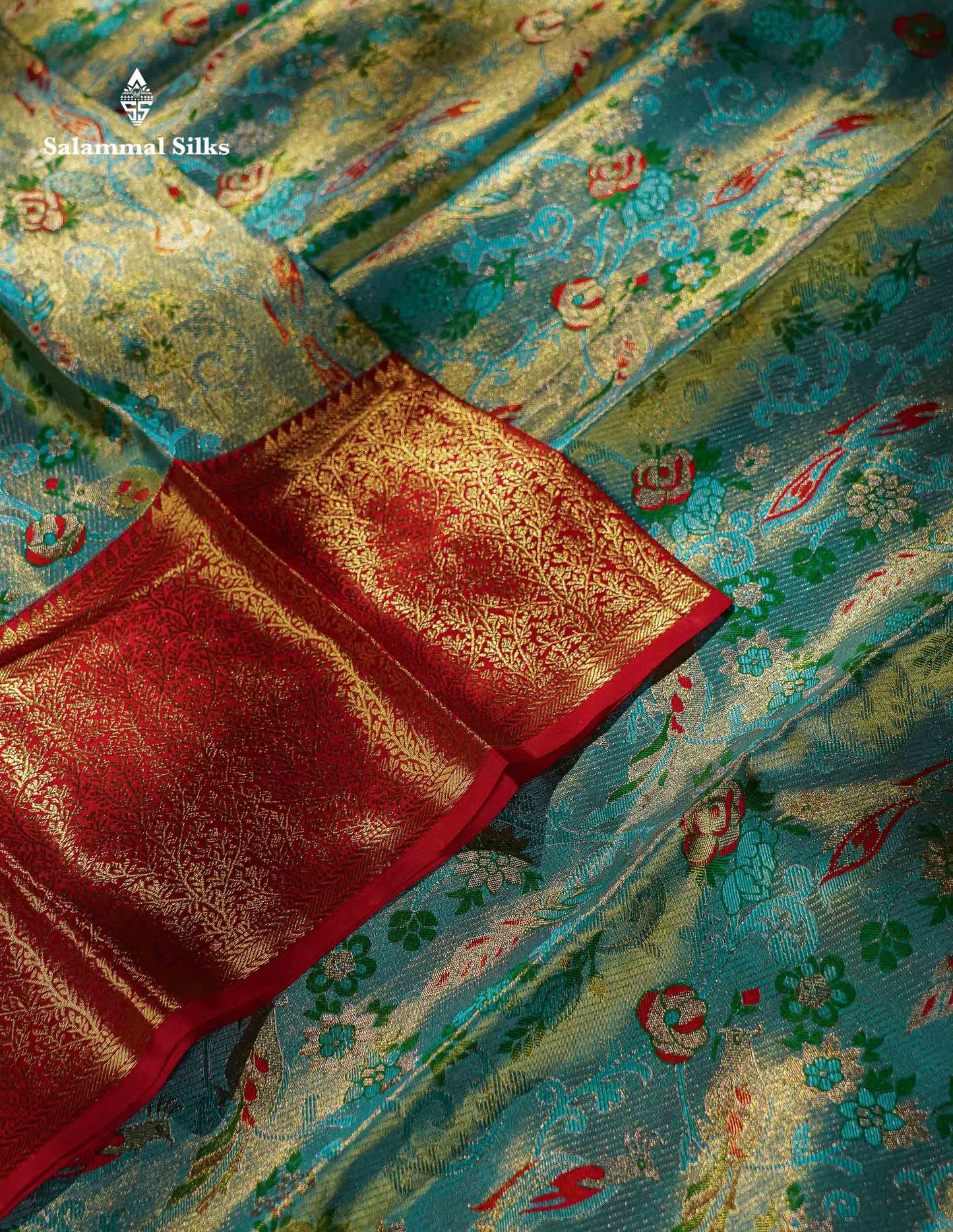 Pastel Blue Tissue Bridal Pure Kanjivaram Silk Saree With Contrast Red Border