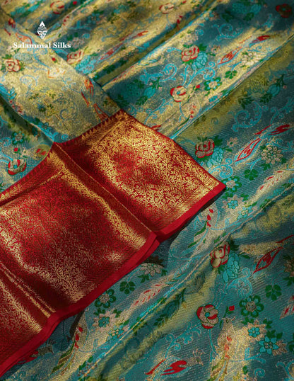 Pastel Blue Tissue Bridal Pure Kanjivaram Silk Saree With Contrast Red Border