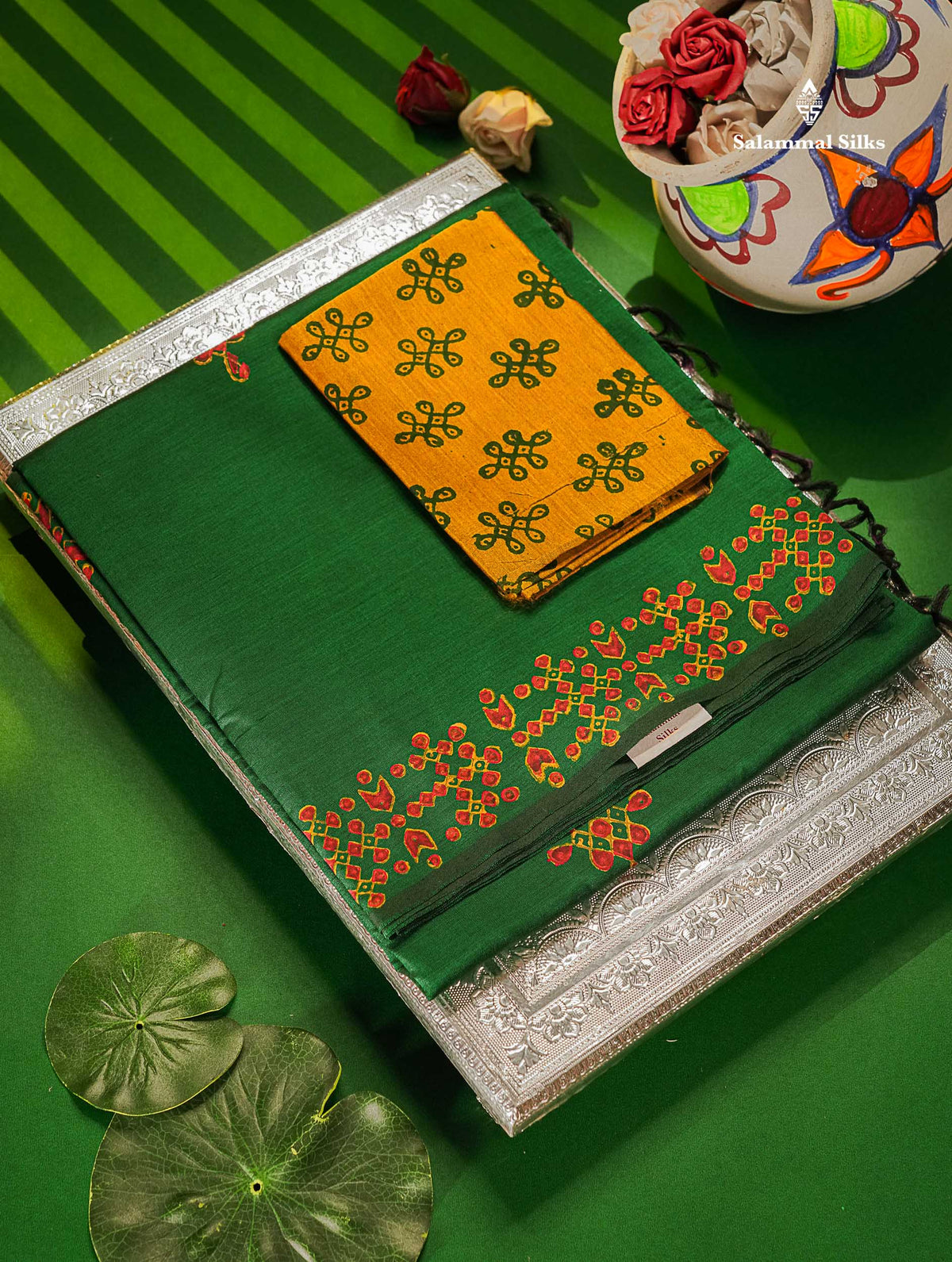 South Cotton Saree - Bottle Green Printed Saree With Contrast Mustard Yellow Blouse