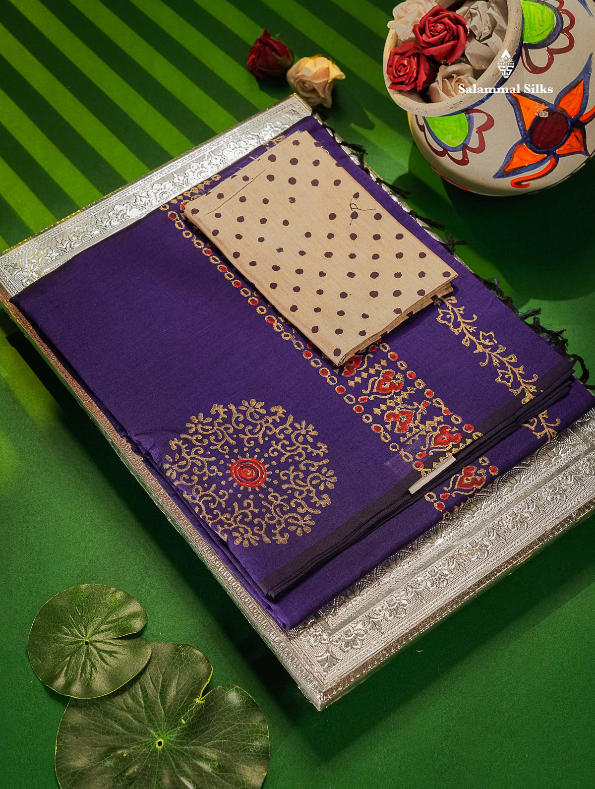 South Cotton Saree - Violet Printed Saree With Contrast Cream Blouse