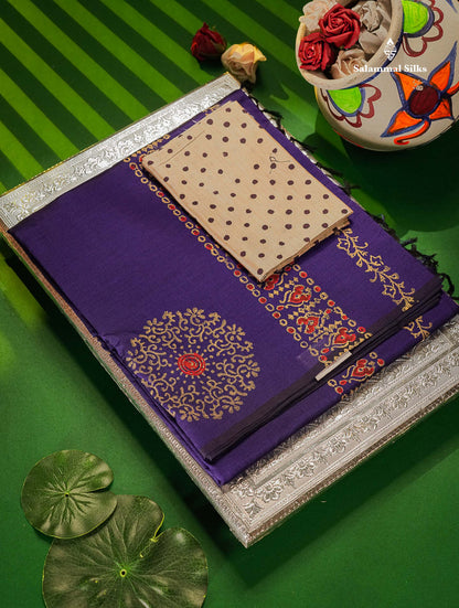 South Cotton Saree - Violet Printed Saree With Contrast Cream Blouse