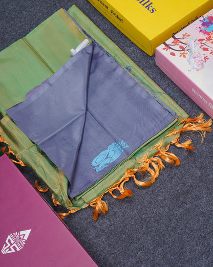 Blueish Grey Thread work Buttas Banana Pinth Saree (Vaazhainaar Pattu) With Contrast Parrot Green Blouse