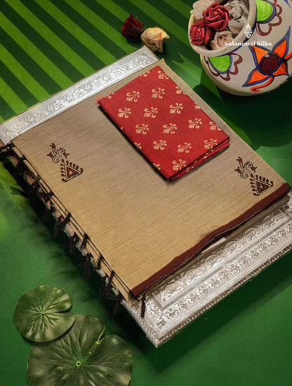 South Cotton Saree - Grey Sandal Printed Saree With Contrast Maroon Blouse
