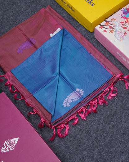 Dual Tone Peacock Blue Thread work Buttas Banana Pinth Saree (Vaazhainaar Pattu) With Contrast Dark Maroon Blouse