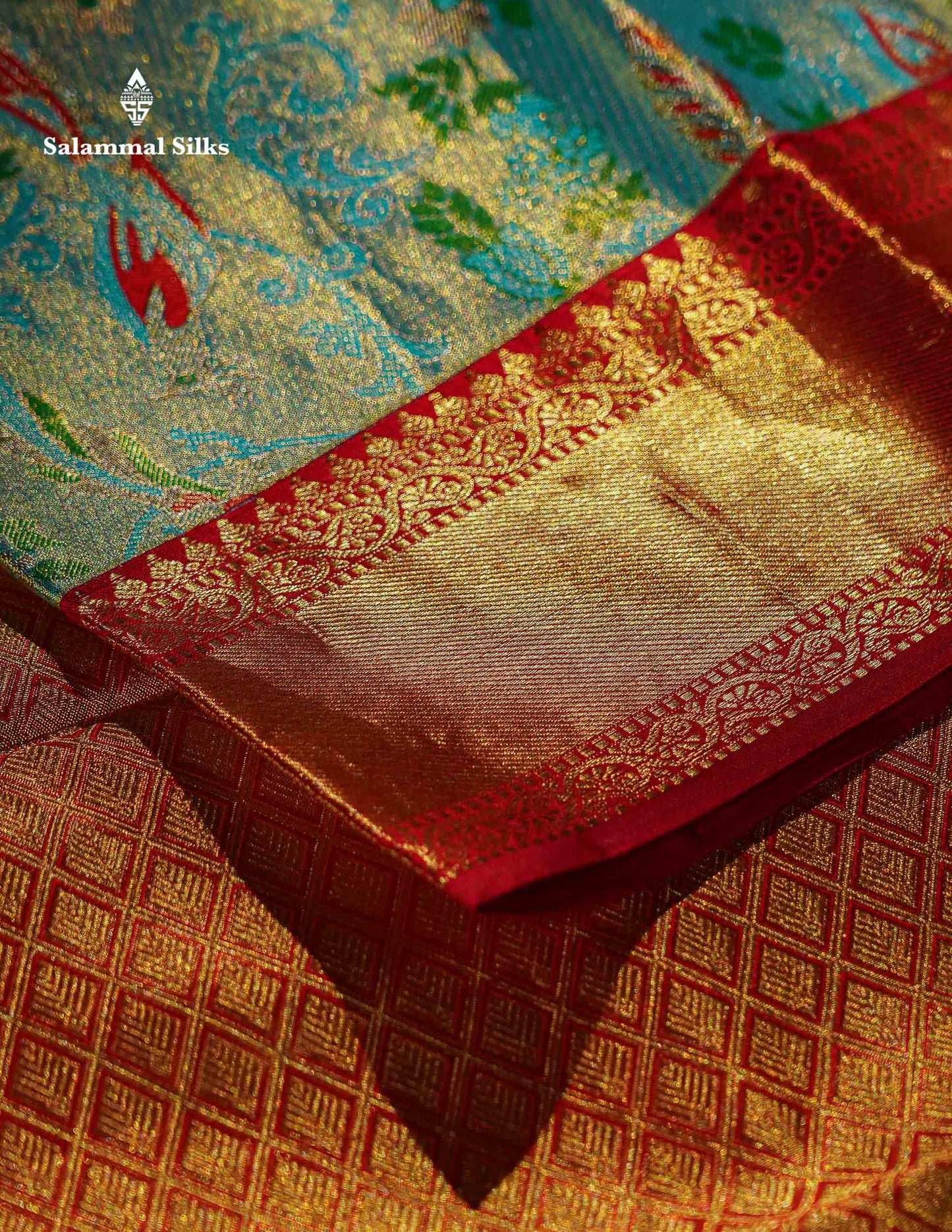 Pastel Blue Tissue Bridal Pure Kanjivaram Silk Saree With Contrast Red Border