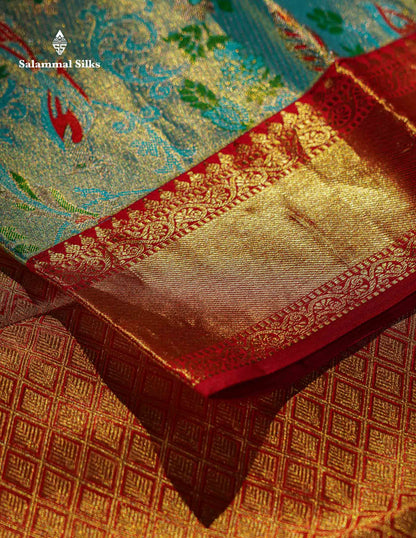 Pastel Blue Tissue Bridal Pure Kanjivaram Silk Saree With Contrast Red Border