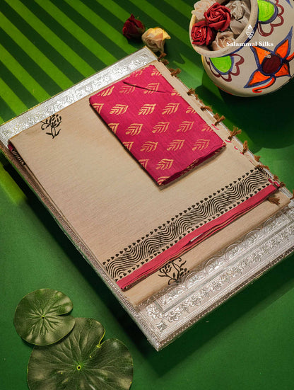 South Cotton Saree - Cream Sandal Printed Saree With Contrast Pink Blouse