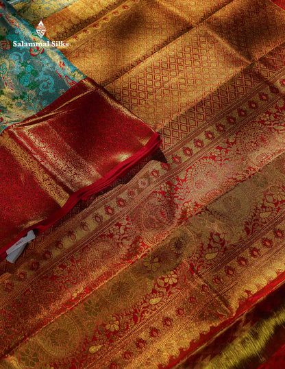 Pastel Blue Tissue Bridal Pure Kanjivaram Silk Saree With Contrast Red Border