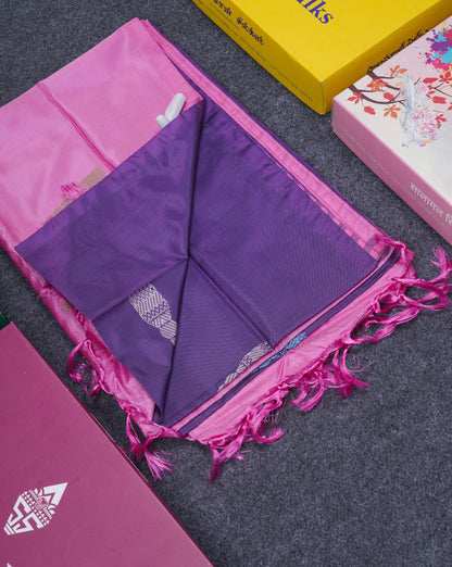 Violet Thread work Buttas Banana Pinth Saree (Vaazhainaar Pattu) With Contrast Pink Blouse