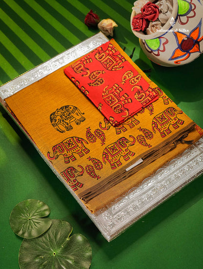 South Cotton Saree - Mustard Yellow Printed Saree With Contrast Orange Blouse