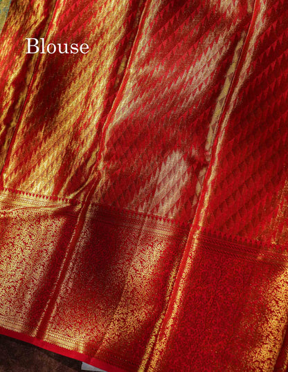 Pastel Blue Tissue Bridal Pure Kanjivaram Silk Saree With Contrast Red Border