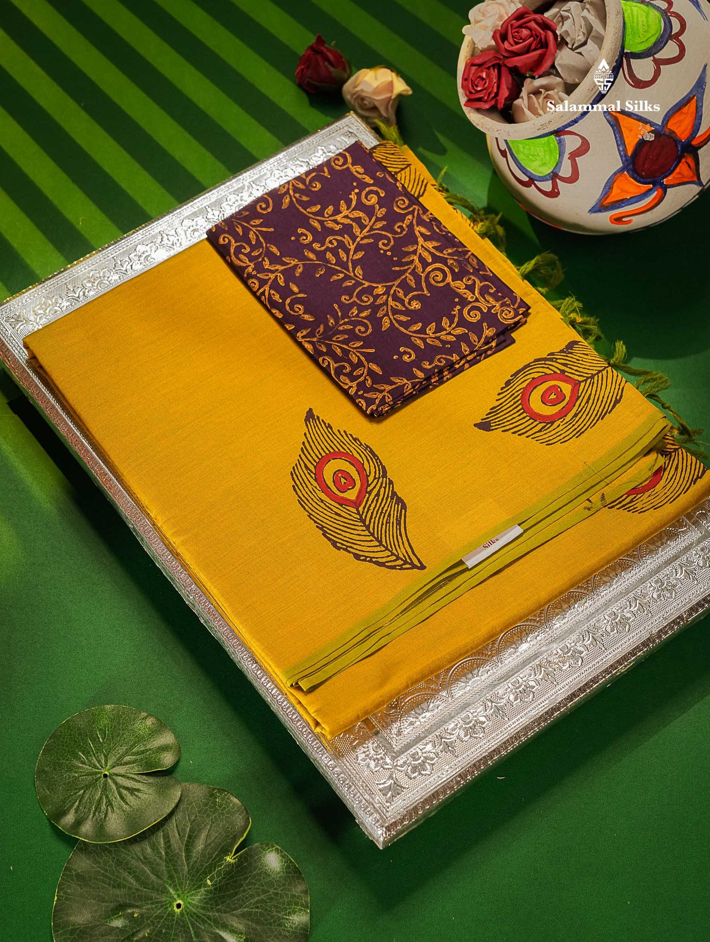 South Cotton Saree - Manthulir Yellow Printed Saree With Contrast Dark Purple Blouse