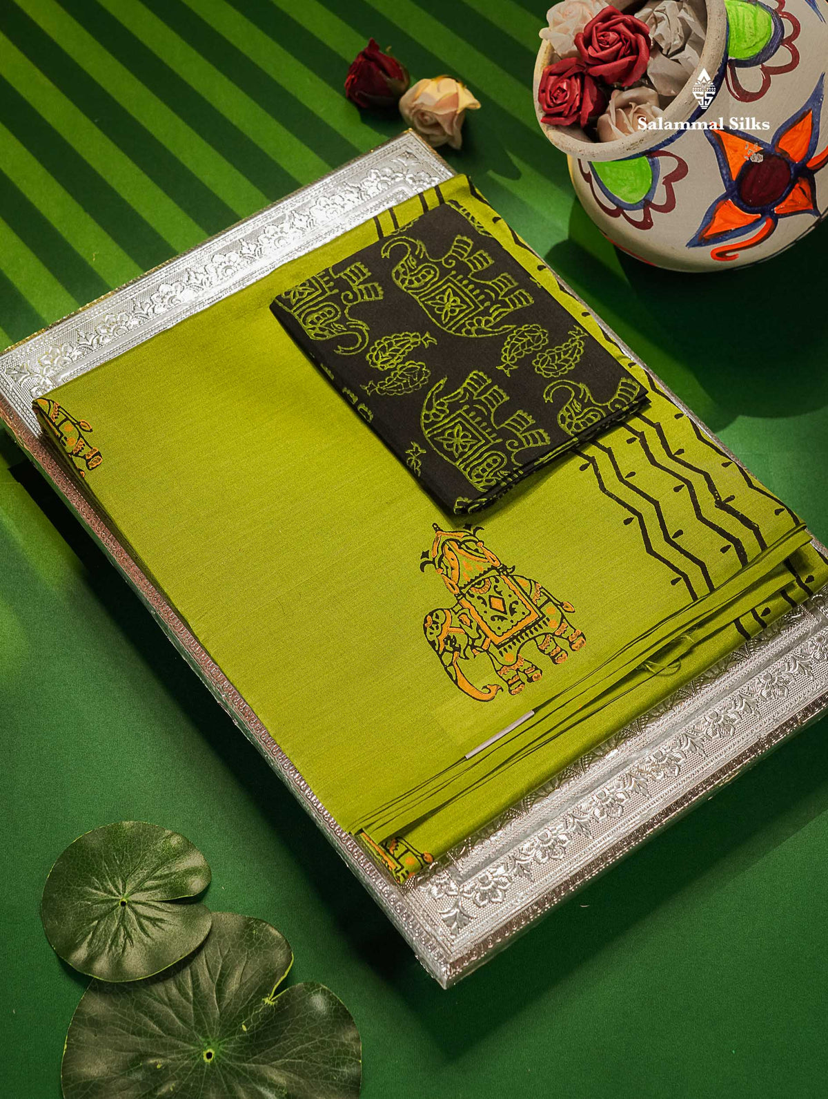 South Cotton Saree - Parrot Green Printed Saree With Contrast Black Blouse