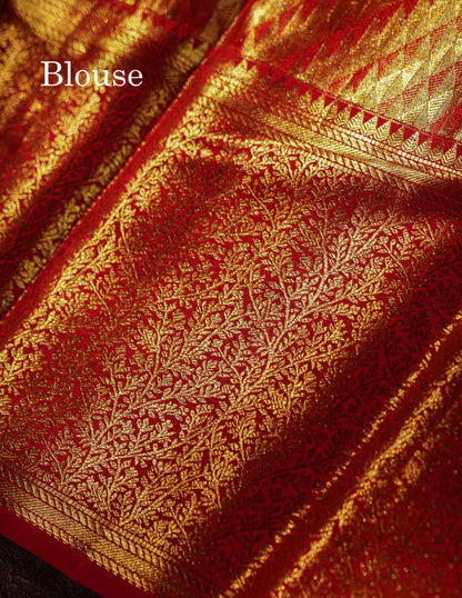 Pastel Blue Tissue Bridal Pure Kanjivaram Silk Saree With Contrast Red Border
