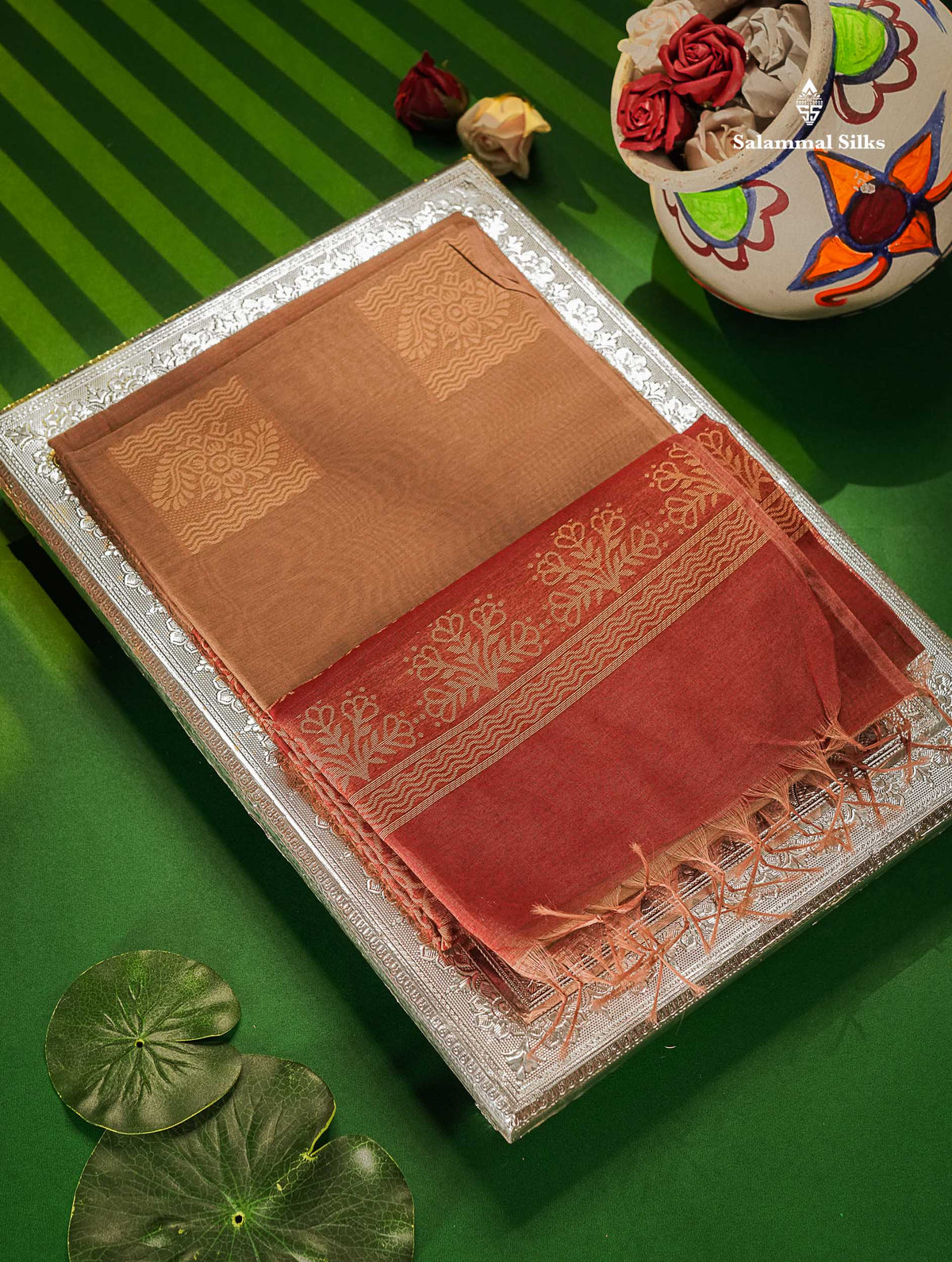 Cora Cotton Saree - Light Chocolate Colour Body Thread Butta With Contrast Maroon Blouse 
