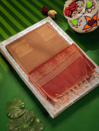 Cora Cotton Saree - Light Chocolate Colour Body Thread Butta With Contrast Maroon Blouse 