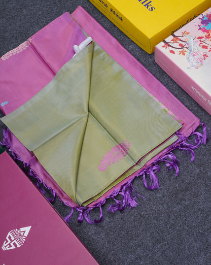 Light Olive Green Thread work Buttas Banana Pinth Saree (Vaazhainaar Pattu) With Contrast Purple Blouse
