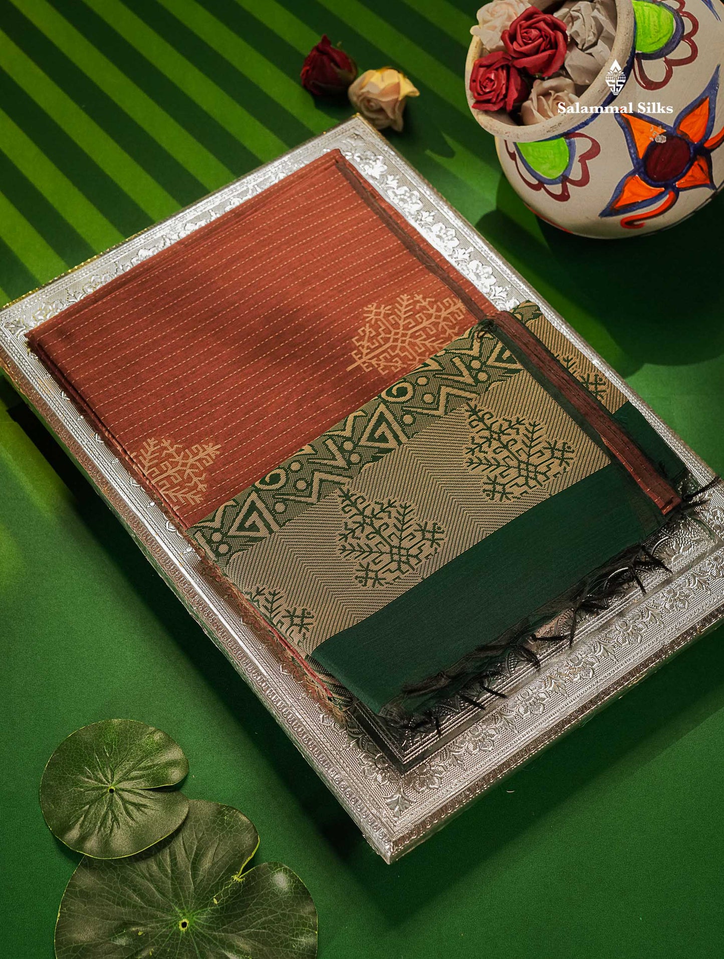 Kota Cotton Saree - Brown Colour Body Thread Butta With Contrast Bottle Green Blouse