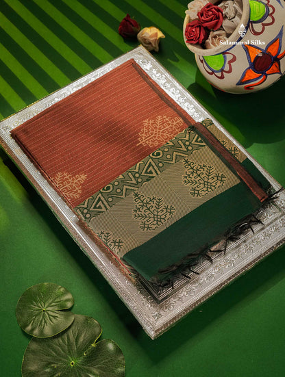 Kota Cotton Saree - Brown Colour Body Thread Butta With Contrast Bottle Green Blouse