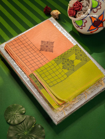 Kora Cotton Saree - Peach Colour Thread Butta With Contrast Parrot Green Blouse