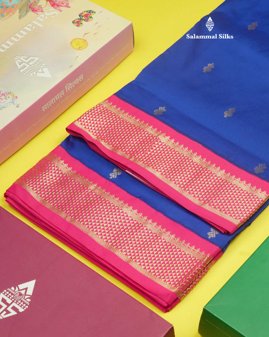 9.5 Yards Semi Silk Saree Royal Blue with Contrast Pink Border