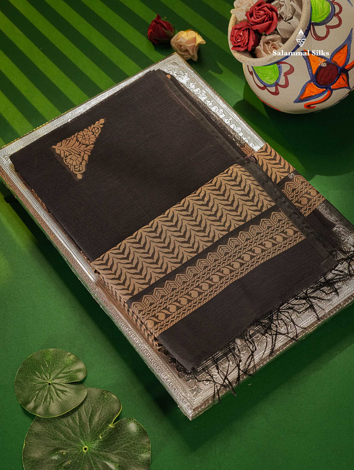 Cora Cotton Saree - Dark Navy Blue Colour Body Thread Butta With Without Border
