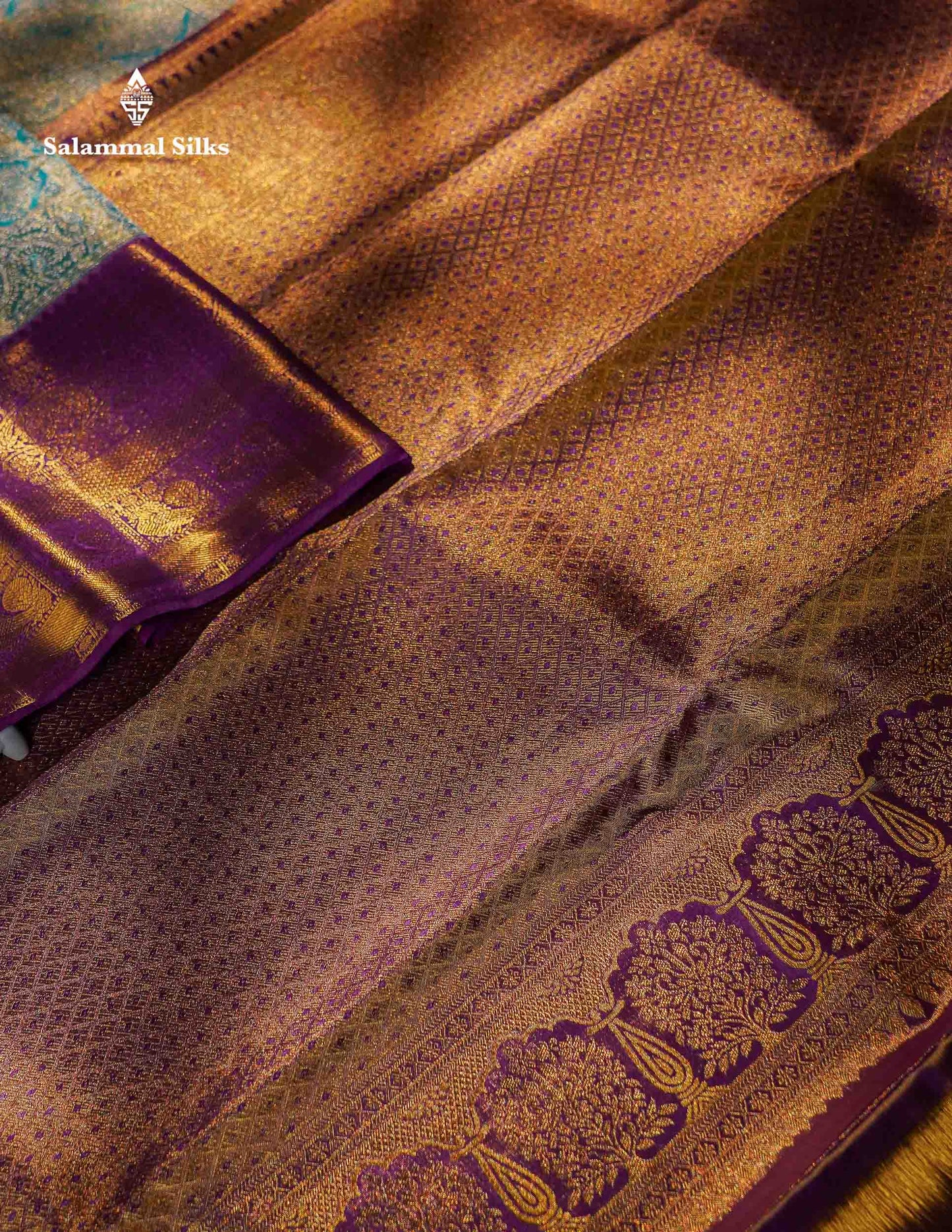 Beautiful Light Blue Tissue Bridal Pure Kanjivaram Silk Saree With Contrast Dark Purple Traditional Evening Morning Border