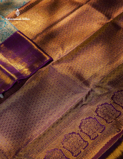 Beautiful Light Blue Tissue Bridal Pure Kanjivaram Silk Saree With Contrast Dark Purple Traditional Evening Morning Border