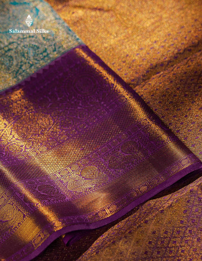 Beautiful Light Blue Tissue Bridal Pure Kanjivaram Silk Saree With Contrast Dark Purple Traditional Evening Morning Border