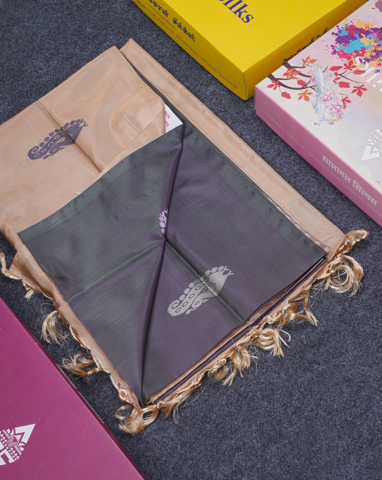 Dark Violet Thread work Buttas Banana Pinth Saree (Vaazhainaar Pattu) With Contrast Cream Sandal Blouse