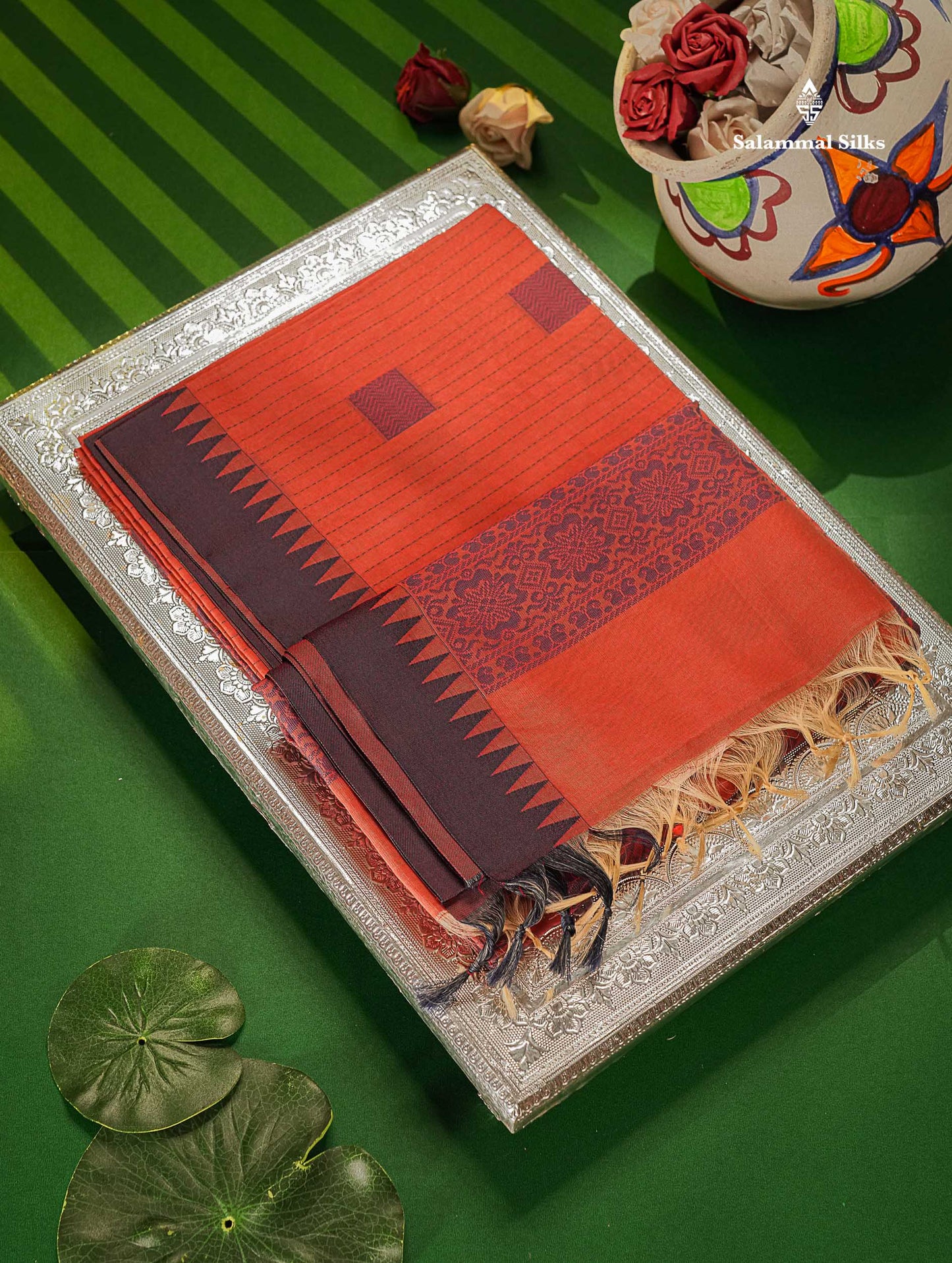 Tomato Red Beautiful Fancy Kora Cotton Saree With Contrast Violet Temple Small Border