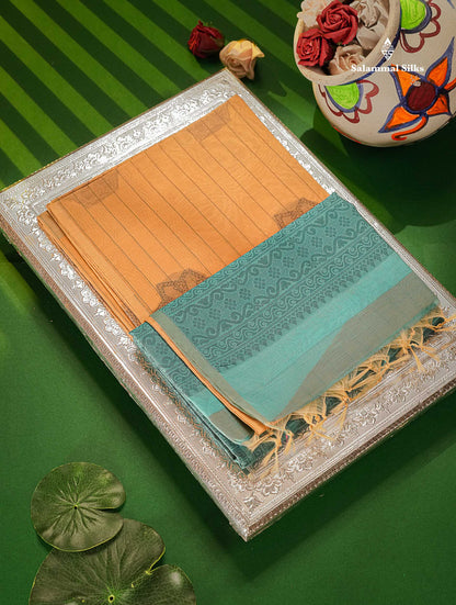 Peach Beautiful Fancy Kora Cotton Saree With Contrast Sky Blue Blouse