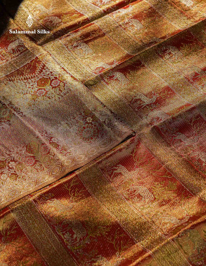 Beautiful Light Orange Tissue Bridal Menakari Work Pure Kanjivaram Silk Saree With Fancy Border