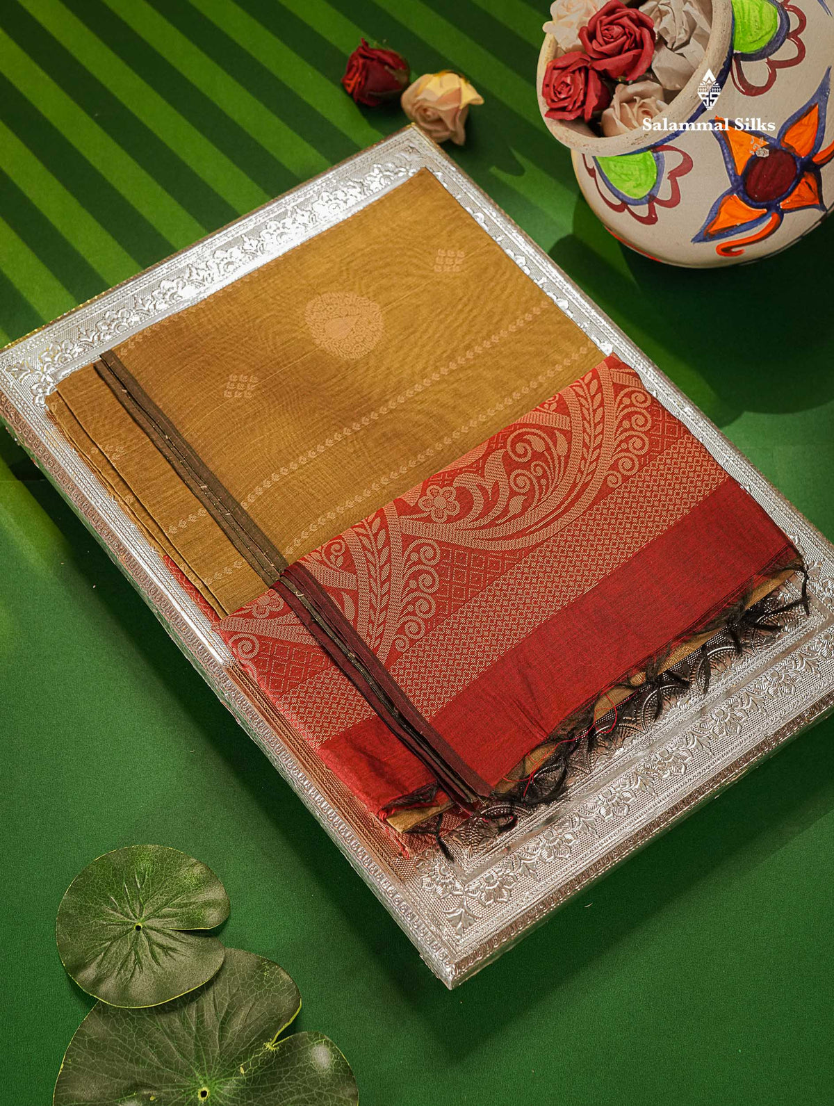 Mehandhi Green Beautiful Fancy Kora Cotton Saree With Contrast Maroon Blouse