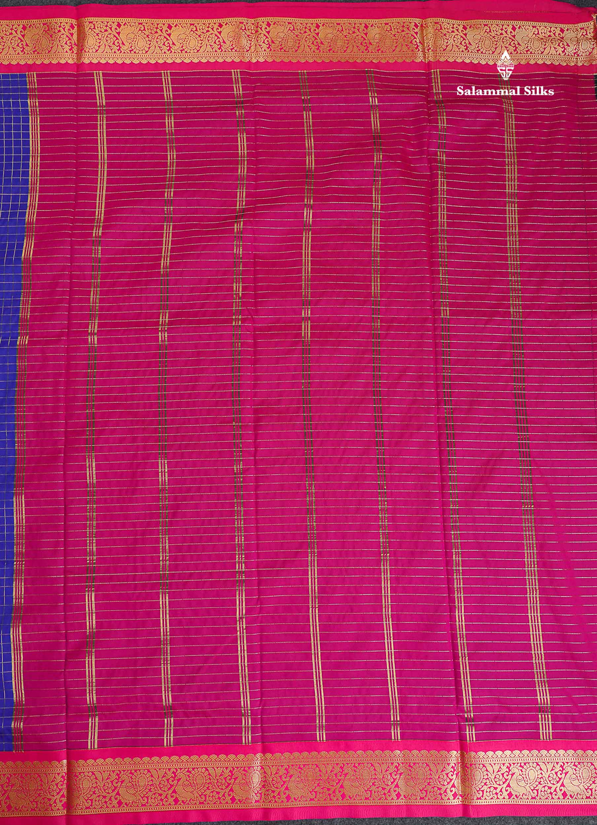 Semi Silk Saree - Brinjal Colour Body Checks With Contrast Pink Border | 9.5 Yards