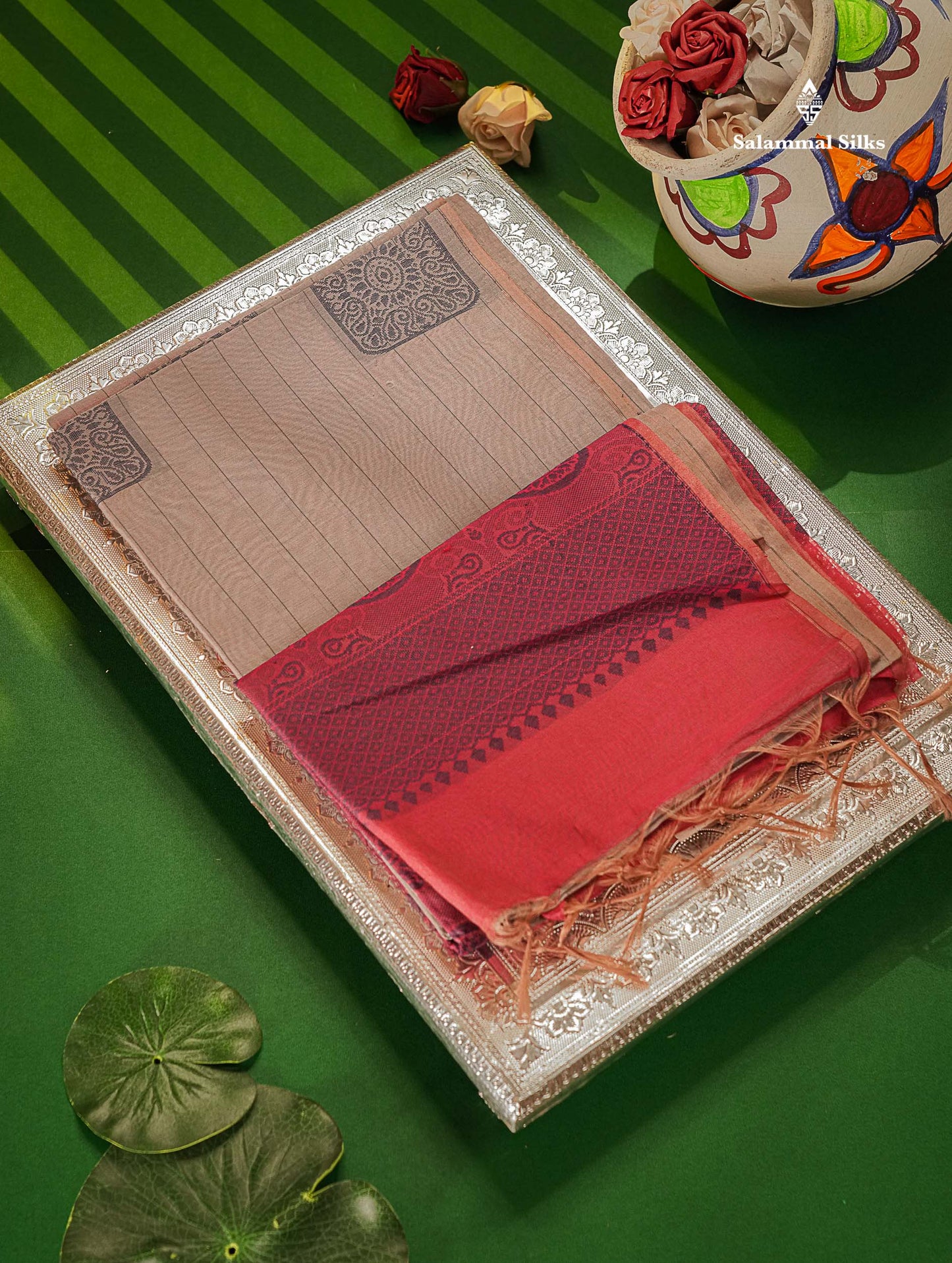 Kora Cotton Saree - Dual Tone Grey Colour Thread Butta And Lines With Contrast Pink Blouse