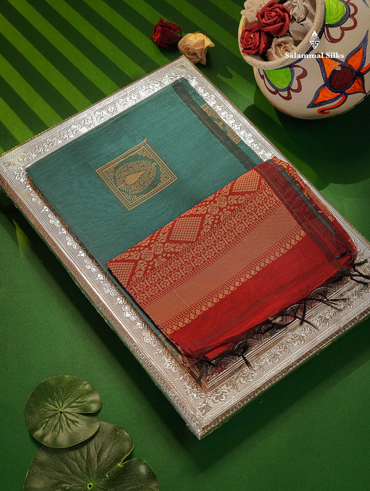 Cora Cotton Saree - Ramar Blue Colour Body Thread Butta With Maroon Blouse