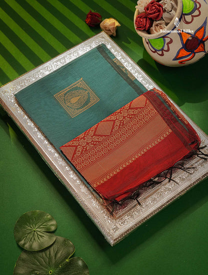 Cora Cotton Saree - Ramar Blue Colour Body Thread Butta With Maroon Blouse