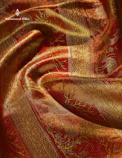 Beautiful Light Orange Tissue Bridal Menakari Work Pure Kanjivaram Silk Saree With Fancy Border