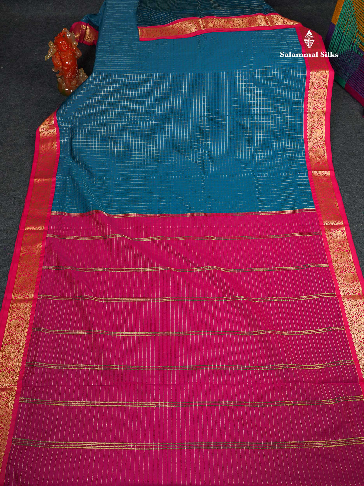 Semi Silk Saree - Ramar Blue Colour Body Checks With Contrast Pink Border | 9.5 Yards 