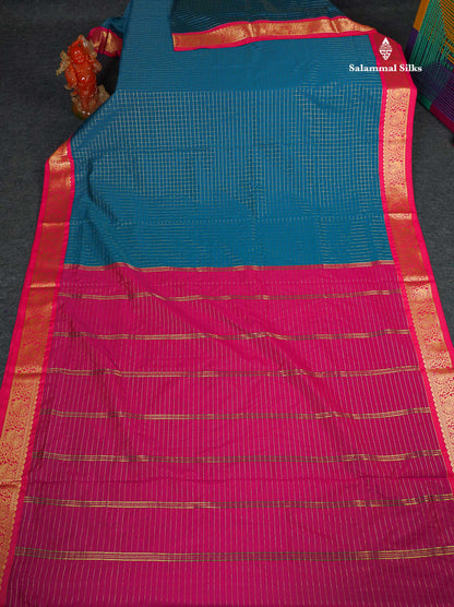 Semi Silk Saree - Ramar Blue Colour Body Checks With Contrast Pink Border | 9.5 Yards 