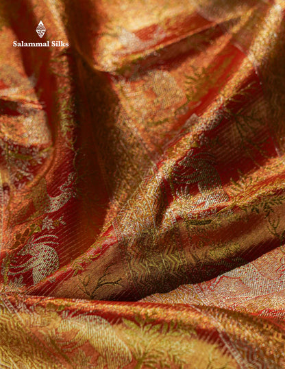 Beautiful Light Orange Tissue Bridal Menakari Work Pure Kanjivaram Silk Saree With Fancy Border