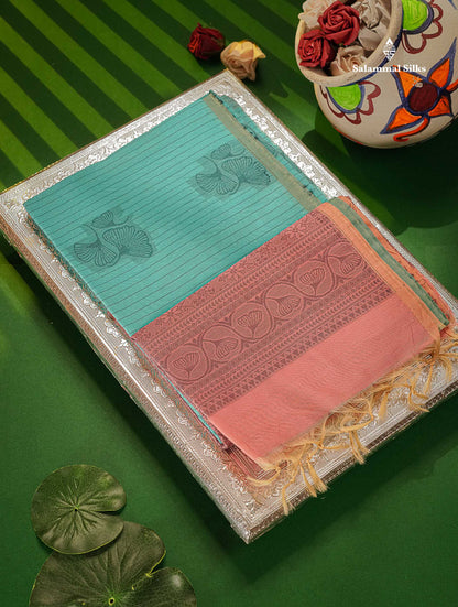 Sky Blue Beautiful Fancy Kora Cotton Saree With Contrast Baby Pink Blouse