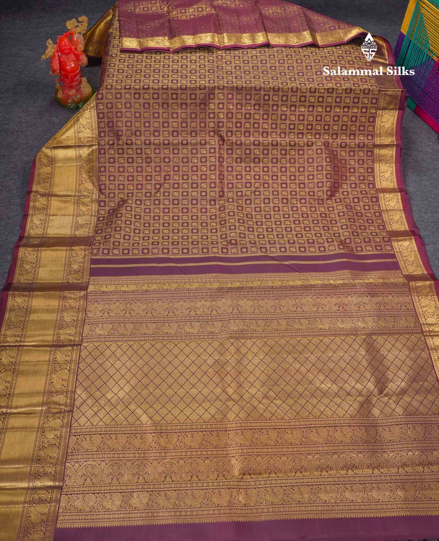 Beautiful Wine Colour Checks & Buttas Bridal 2G Pure Kanjivaram Silk Saree With Traditional Evening Morning Border