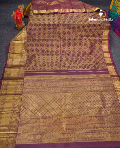 Beautiful Wine Colour Checks & Buttas Bridal 2G Pure Kanjivaram Silk Saree With Traditional Evening Morning Border