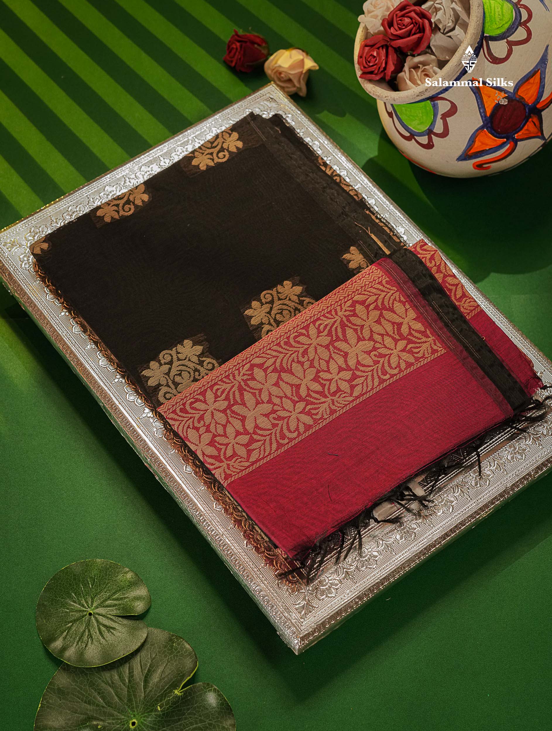Kora Cotton Saree - Black Colour Thread Butta With Contrast Rani Pink Blouse