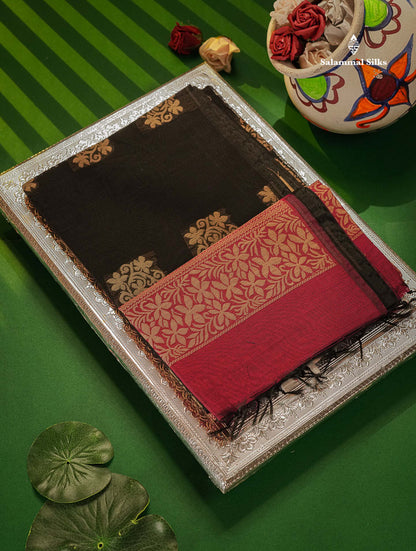 Kora Cotton Saree - Black Colour Thread Butta With Contrast Rani Pink Blouse