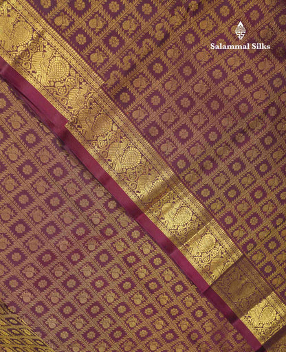 Beautiful Wine Colour Checks & Buttas Bridal 2G Pure Kanjivaram Silk Saree With Traditional Evening Morning Border